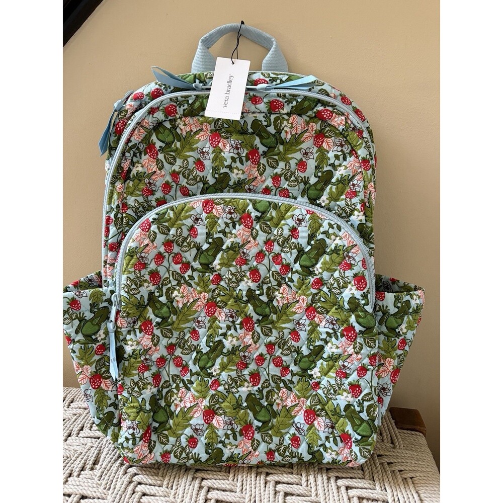 Vera Bradley Frogberry Garden Blue Frogs Essential Large Backpack School NWT